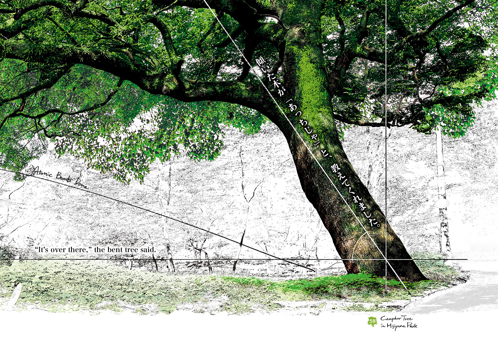 傾いた木が「あっちじゃ」と、教えてくれました。